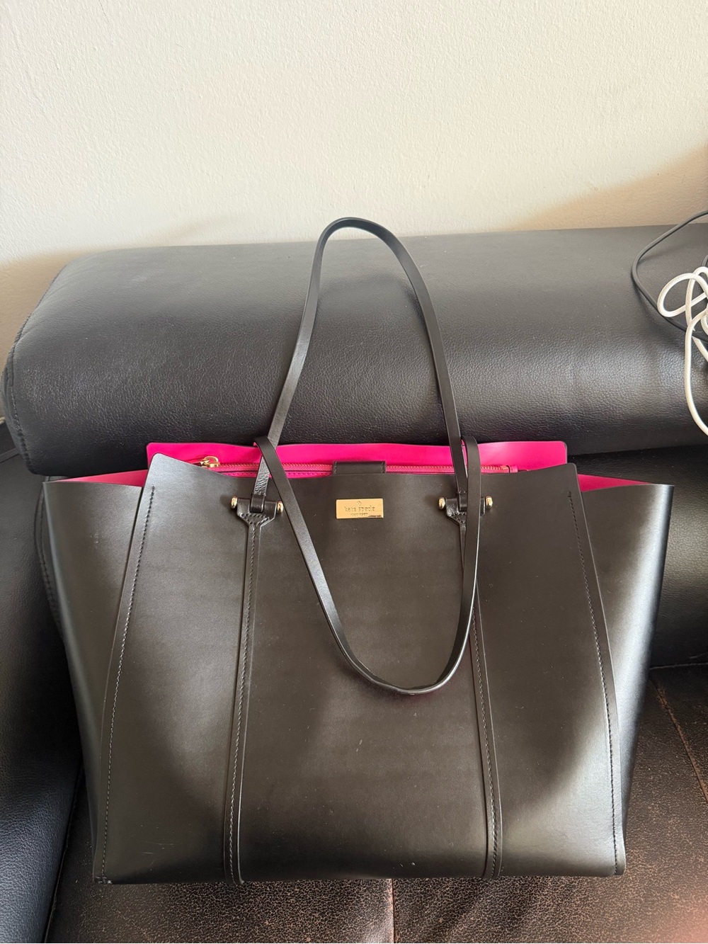 kate spade Black Leather Tote with Hot Pink Interior